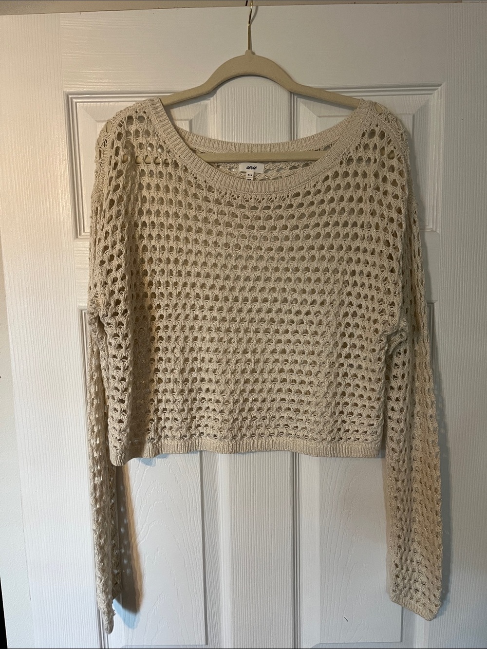 aerie Open-Knit Cream Scoop Neck Sweater